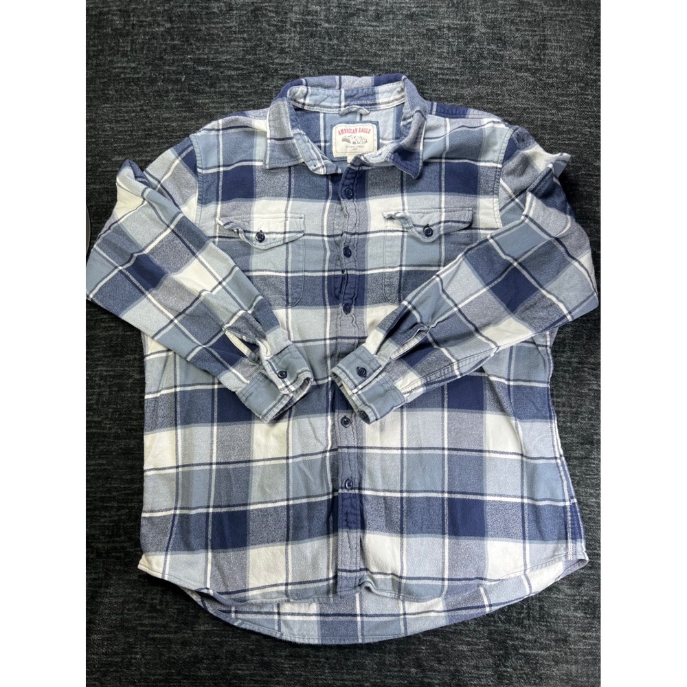 American Eagle Flannel Shirt Mens XL Blue Plaid Long Sleeve Button Down Pockets